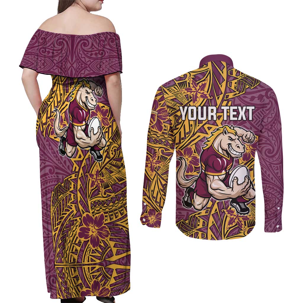 Personalised Brisbane Broncos Couples Matching Off Shoulder Maxi Dress and Long Sleeve Button Shirt Polynesian Tribal Pattern With Rugby Horse Mascot Art