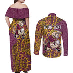 Personalised Brisbane Broncos Couples Matching Off Shoulder Maxi Dress and Long Sleeve Button Shirt Polynesian Tribal Pattern With Rugby Horse Mascot Art