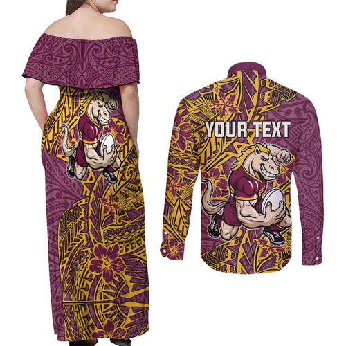 Personalised Brisbane Broncos Couples Matching Off Shoulder Maxi Dress and Long Sleeve Button Shirt Polynesian Tribal Pattern With Rugby Horse Mascot Art