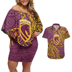 Personalised Brisbane Broncos Couples Matching Off Shoulder Short Dress and Hawaiian Shirt Polynesian Tribal Pattern With Rugby Horse Mascot Art