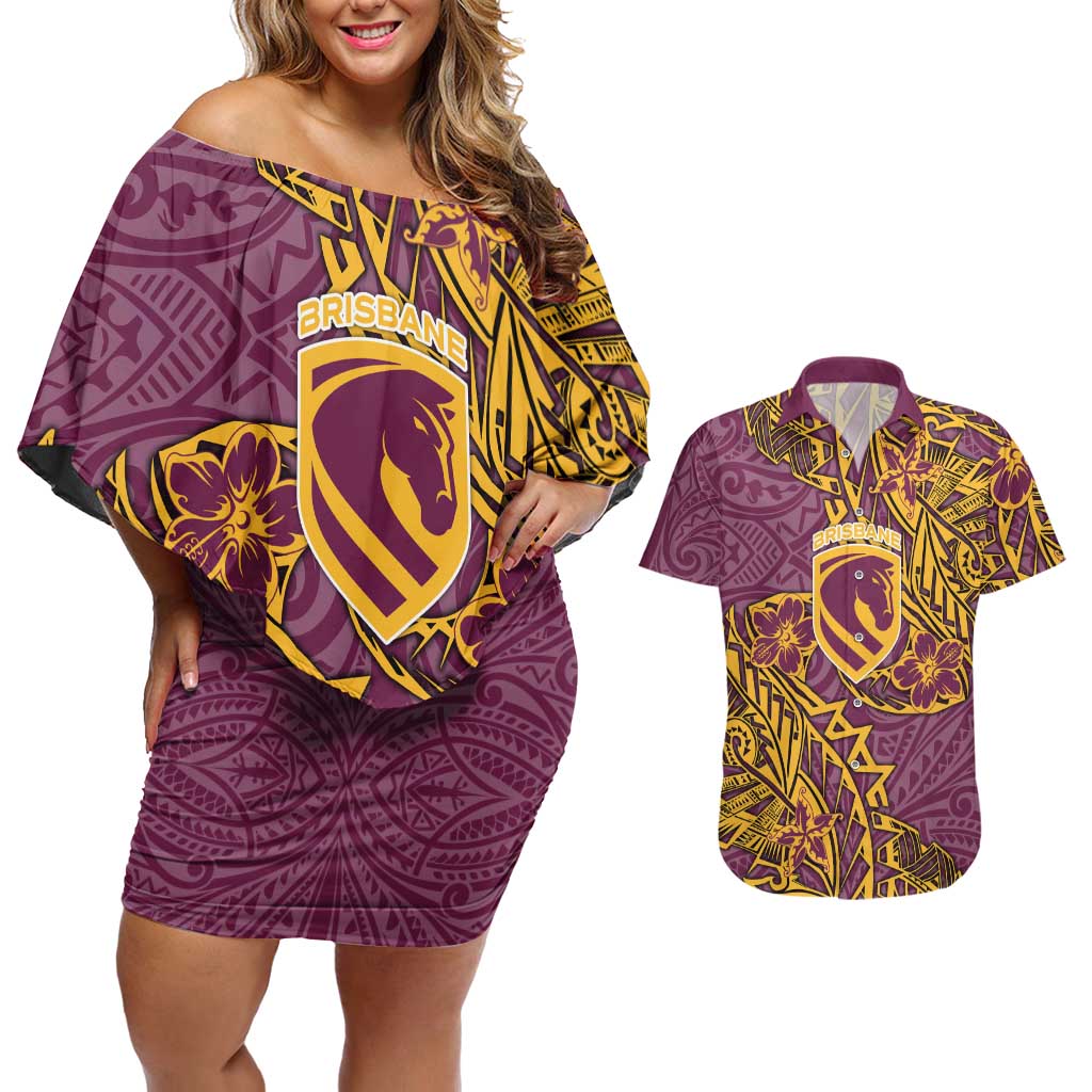 Personalised Brisbane Broncos Couples Matching Off Shoulder Short Dress and Hawaiian Shirt Polynesian Tribal Pattern With Rugby Horse Mascot Art