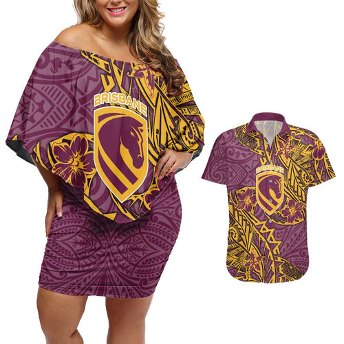 Personalised Brisbane Broncos Couples Matching Off Shoulder Short Dress and Hawaiian Shirt Polynesian Tribal Pattern With Rugby Horse Mascot Art