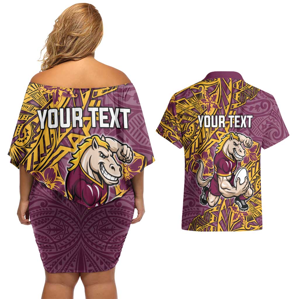 Personalised Brisbane Broncos Couples Matching Off Shoulder Short Dress and Hawaiian Shirt Polynesian Tribal Pattern With Rugby Horse Mascot Art