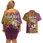 Personalised Brisbane Broncos Couples Matching Off Shoulder Short Dress and Hawaiian Shirt Polynesian Tribal Pattern With Rugby Horse Mascot Art