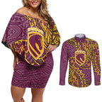 Personalised Brisbane Broncos Couples Matching Off Shoulder Short Dress and Long Sleeve Button Shirt Polynesian Tribal Pattern With Rugby Horse Mascot Art