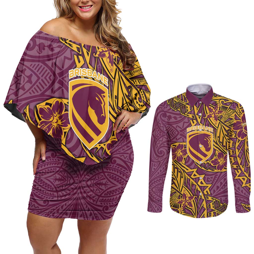 Personalised Brisbane Broncos Couples Matching Off Shoulder Short Dress and Long Sleeve Button Shirt Polynesian Tribal Pattern With Rugby Horse Mascot Art