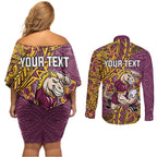 Personalised Brisbane Broncos Couples Matching Off Shoulder Short Dress and Long Sleeve Button Shirt Polynesian Tribal Pattern With Rugby Horse Mascot Art