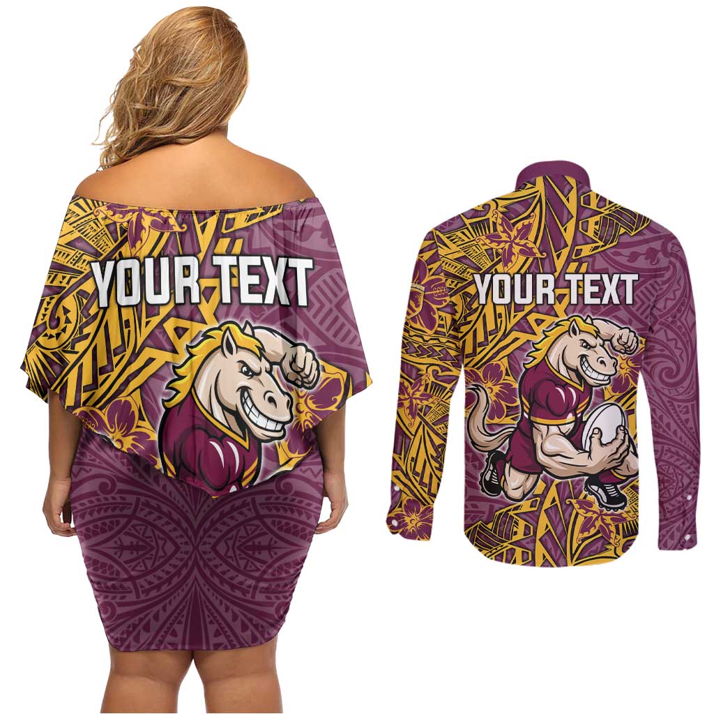 Personalised Brisbane Broncos Couples Matching Off Shoulder Short Dress and Long Sleeve Button Shirt Polynesian Tribal Pattern With Rugby Horse Mascot Art