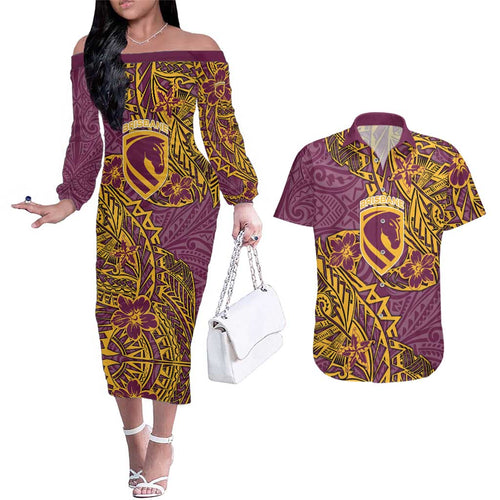 Personalised Brisbane Broncos Couples Matching Off The Shoulder Long Sleeve Dress and Hawaiian Shirt Polynesian Tribal Pattern With Rugby Horse Mascot Art