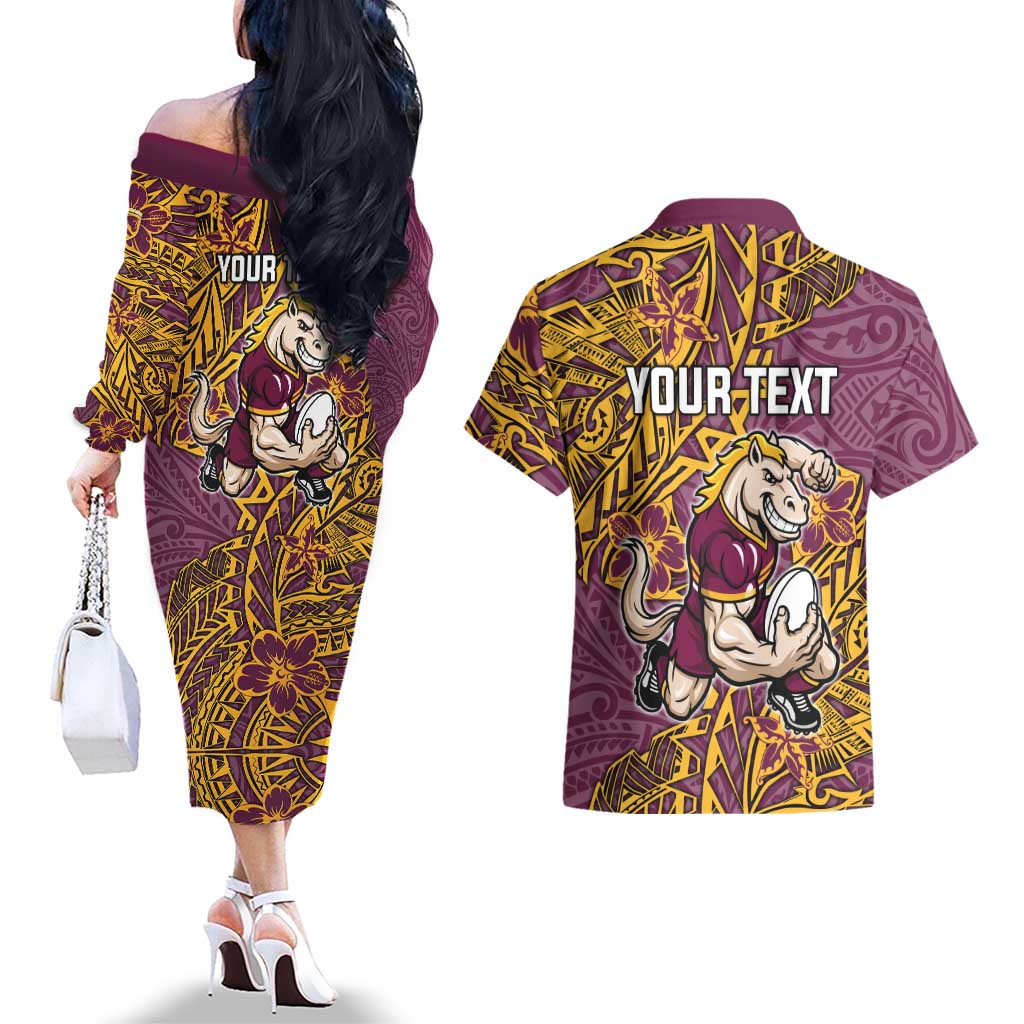 Personalised Brisbane Broncos Couples Matching Off The Shoulder Long Sleeve Dress and Hawaiian Shirt Polynesian Tribal Pattern With Rugby Horse Mascot Art