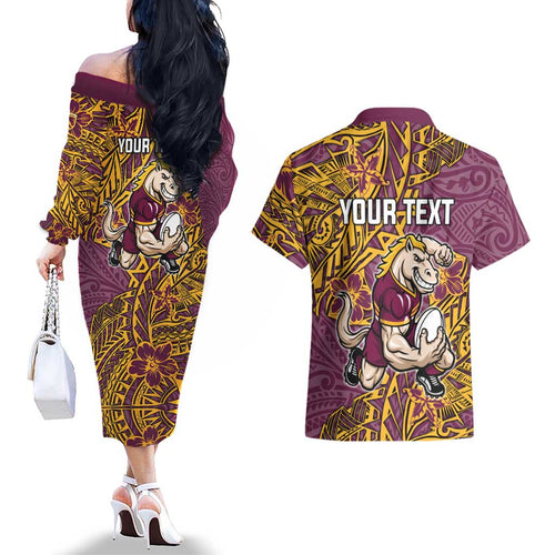 Personalised Brisbane Broncos Couples Matching Off The Shoulder Long Sleeve Dress and Hawaiian Shirt Polynesian Tribal Pattern With Rugby Horse Mascot Art