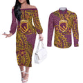 Personalised Brisbane Broncos Couples Matching Off The Shoulder Long Sleeve Dress and Long Sleeve Button Shirt Polynesian Tribal Pattern With Rugby Horse Mascot Art