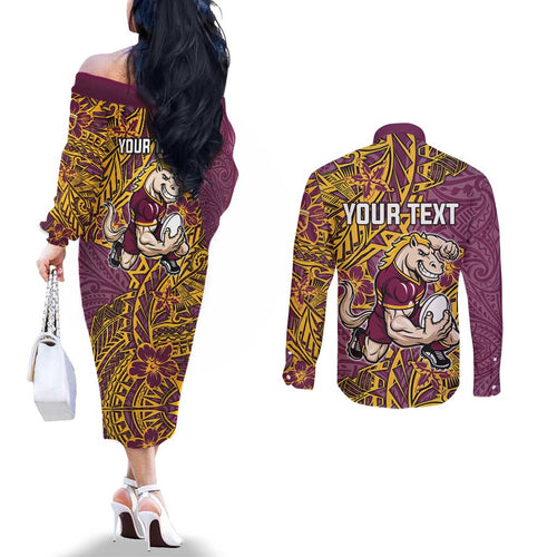 Personalised Brisbane Broncos Couples Matching Off The Shoulder Long Sleeve Dress and Long Sleeve Button Shirt Polynesian Tribal Pattern With Rugby Horse Mascot Art