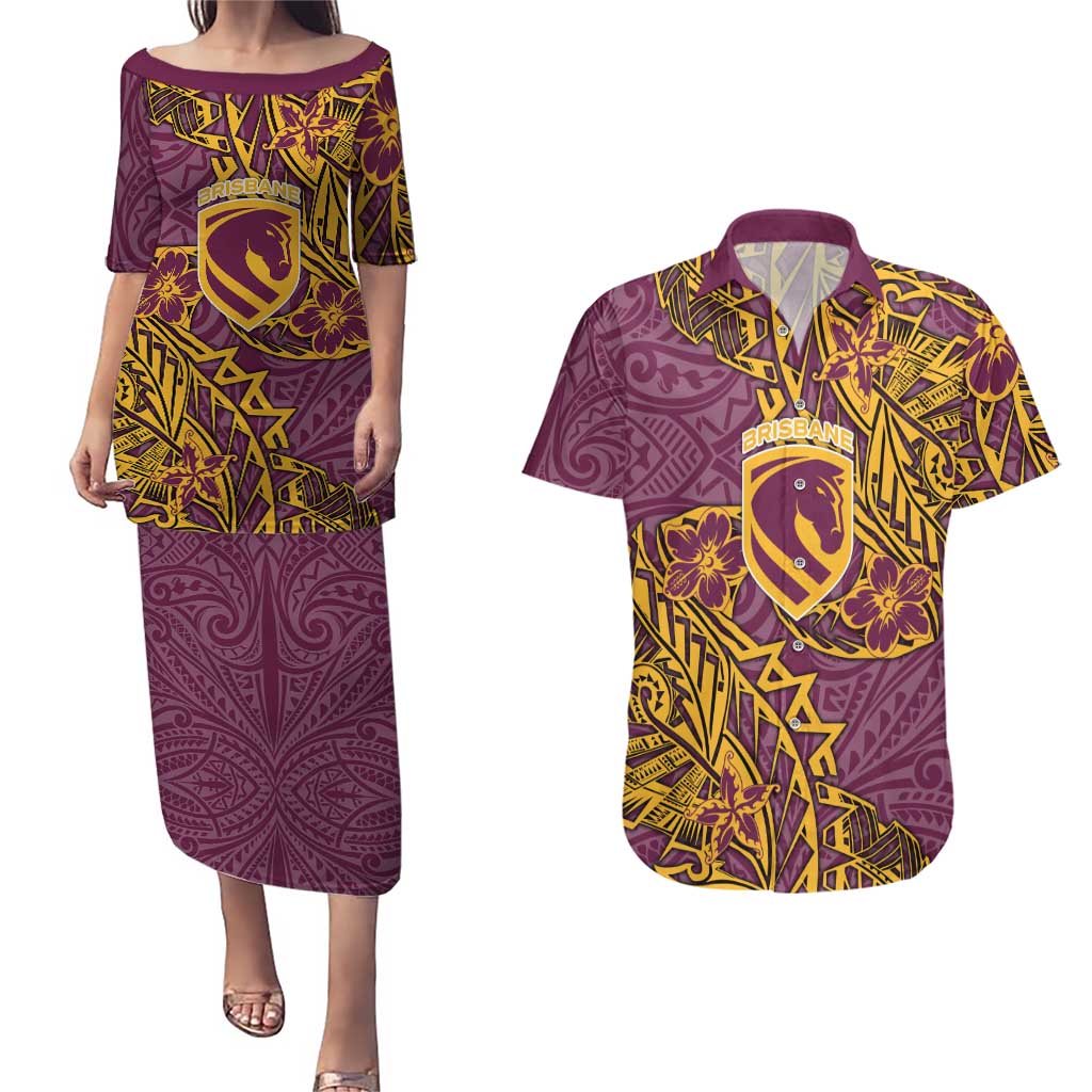 Personalised Brisbane Broncos Couples Matching Puletasi and Hawaiian Shirt Polynesian Tribal Pattern With Rugby Horse Mascot Art