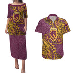 Personalised Brisbane Broncos Couples Matching Puletasi and Hawaiian Shirt Polynesian Tribal Pattern With Rugby Horse Mascot Art
