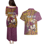 Personalised Brisbane Broncos Couples Matching Puletasi and Hawaiian Shirt Polynesian Tribal Pattern With Rugby Horse Mascot Art