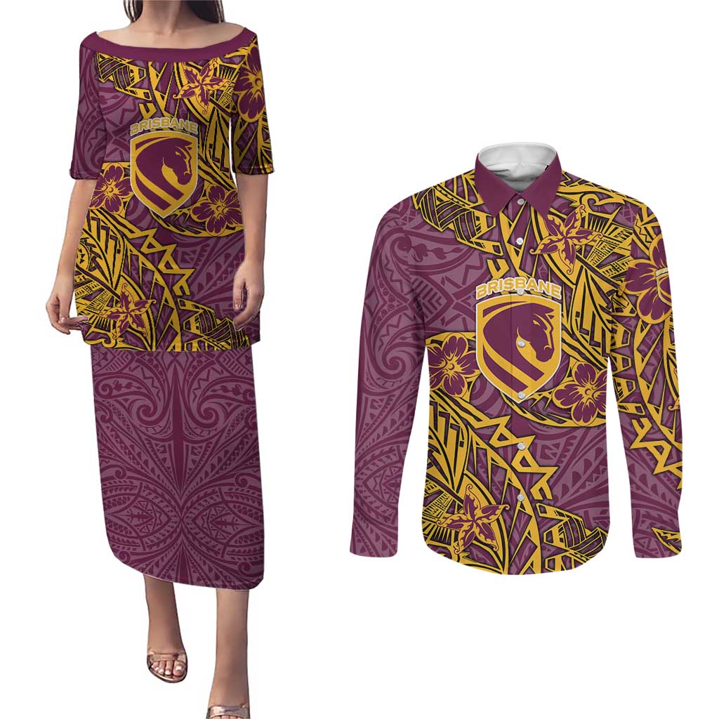 Personalised Brisbane Broncos Couples Matching Puletasi and Long Sleeve Button Shirt Polynesian Tribal Pattern With Rugby Horse Mascot Art