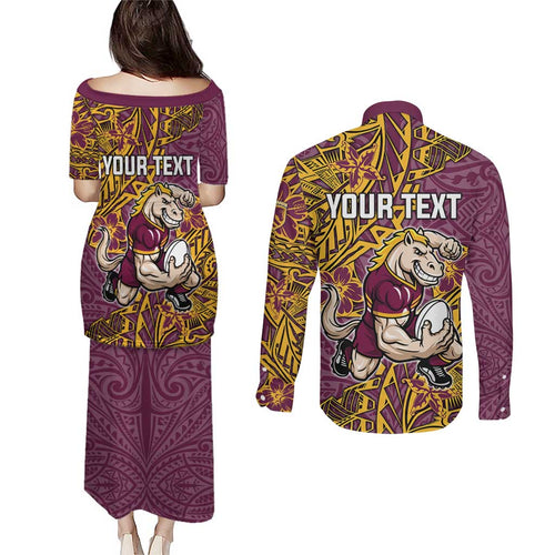 Personalised Brisbane Broncos Couples Matching Puletasi and Long Sleeve Button Shirt Polynesian Tribal Pattern With Rugby Horse Mascot Art