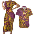 Personalised Brisbane Broncos Couples Matching Short Sleeve Bodycon Dress and Hawaiian Shirt Polynesian Tribal Pattern With Rugby Horse Mascot Art