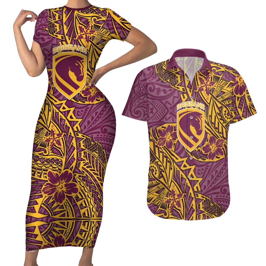 Personalised Brisbane Broncos Couples Matching Short Sleeve Bodycon Dress and Hawaiian Shirt Polynesian Tribal Pattern With Rugby Horse Mascot Art