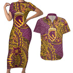 Personalised Brisbane Broncos Couples Matching Short Sleeve Bodycon Dress and Hawaiian Shirt Polynesian Tribal Pattern With Rugby Horse Mascot Art