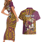 Personalised Brisbane Broncos Couples Matching Short Sleeve Bodycon Dress and Hawaiian Shirt Polynesian Tribal Pattern With Rugby Horse Mascot Art