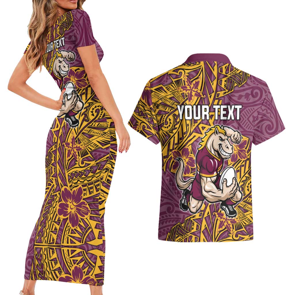 Personalised Brisbane Broncos Couples Matching Short Sleeve Bodycon Dress and Hawaiian Shirt Polynesian Tribal Pattern With Rugby Horse Mascot Art