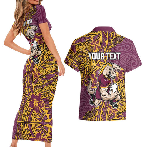 Personalised Brisbane Broncos Couples Matching Short Sleeve Bodycon Dress and Hawaiian Shirt Polynesian Tribal Pattern With Rugby Horse Mascot Art
