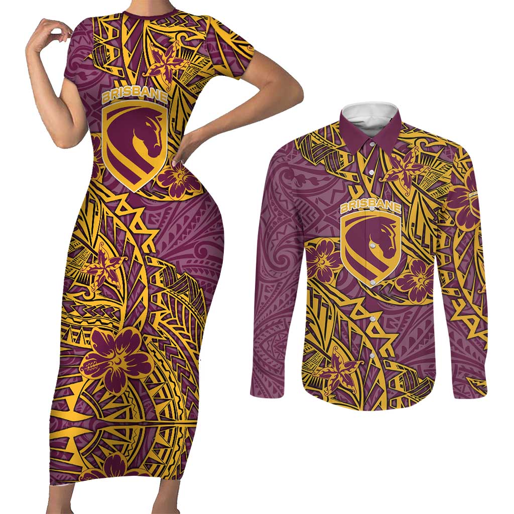 Personalised Brisbane Broncos Couples Matching Short Sleeve Bodycon Dress and Long Sleeve Button Shirt Polynesian Tribal Pattern With Rugby Horse Mascot Art