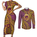 Personalised Brisbane Broncos Couples Matching Short Sleeve Bodycon Dress and Long Sleeve Button Shirt Polynesian Tribal Pattern With Rugby Horse Mascot Art