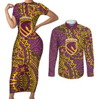 Personalised Brisbane Broncos Couples Matching Short Sleeve Bodycon Dress and Long Sleeve Button Shirt Polynesian Tribal Pattern With Rugby Horse Mascot Art