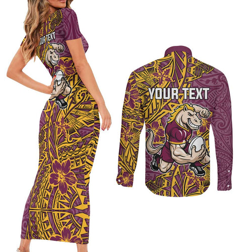 Personalised Brisbane Broncos Couples Matching Short Sleeve Bodycon Dress and Long Sleeve Button Shirt Polynesian Tribal Pattern With Rugby Horse Mascot Art