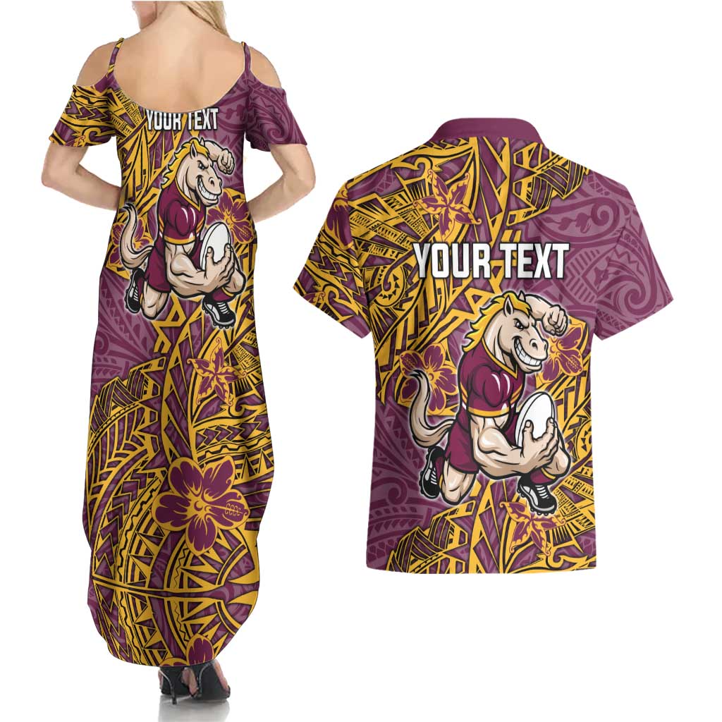 Personalised Brisbane Broncos Couples Matching Summer Maxi Dress and Hawaiian Shirt Polynesian Tribal Pattern With Rugby Horse Mascot Art