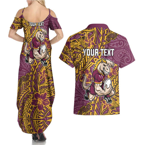 Personalised Brisbane Broncos Couples Matching Summer Maxi Dress and Hawaiian Shirt Polynesian Tribal Pattern With Rugby Horse Mascot Art