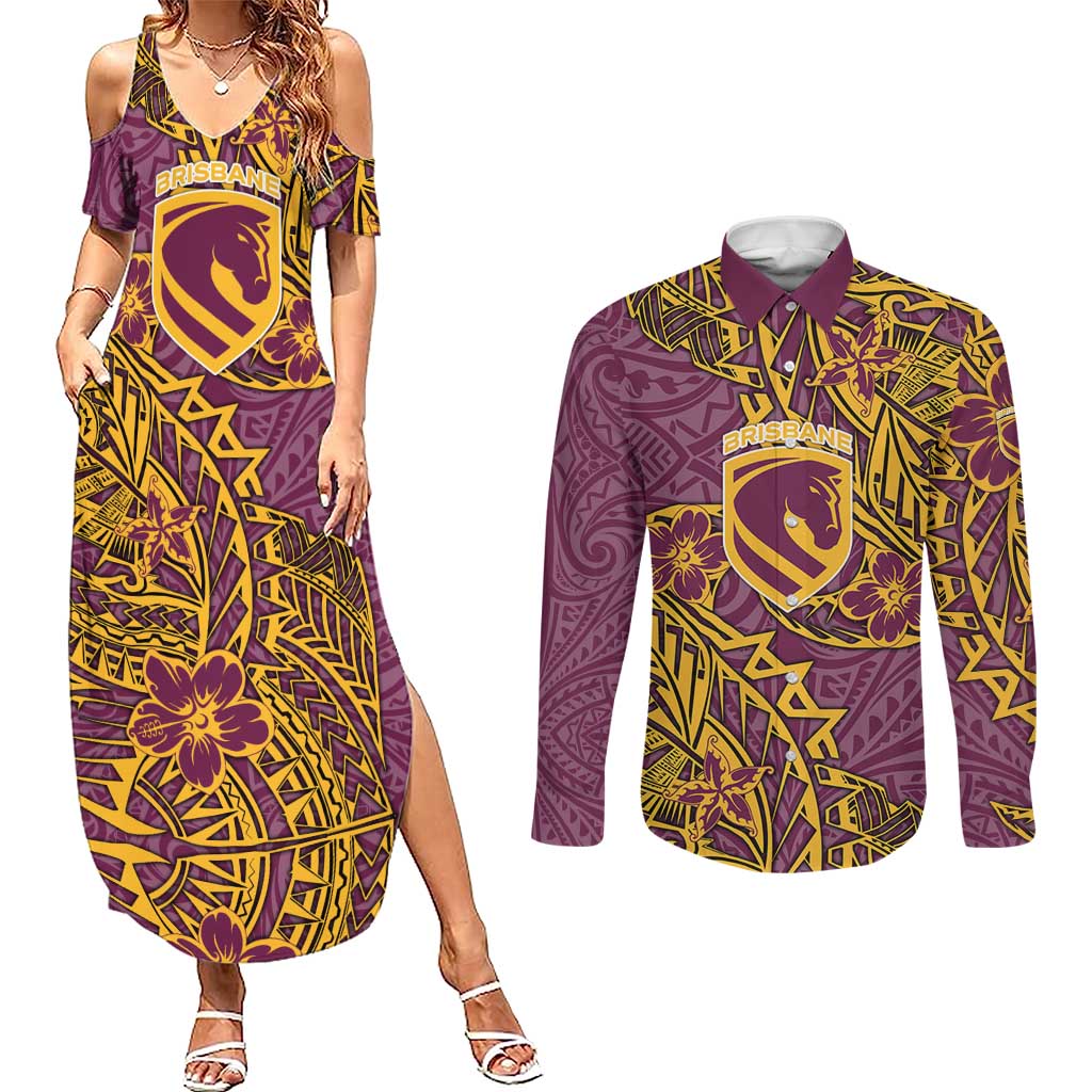 Personalised Brisbane Broncos Couples Matching Summer Maxi Dress and Long Sleeve Button Shirt Polynesian Tribal Pattern With Rugby Horse Mascot Art
