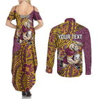 Personalised Brisbane Broncos Couples Matching Summer Maxi Dress and Long Sleeve Button Shirt Polynesian Tribal Pattern With Rugby Horse Mascot Art