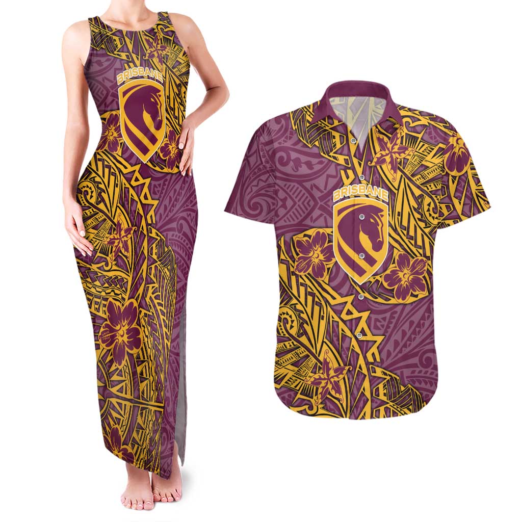 Personalised Brisbane Broncos Couples Matching Tank Maxi Dress and Hawaiian Shirt Polynesian Tribal Pattern With Rugby Horse Mascot Art