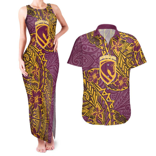 Personalised Brisbane Broncos Couples Matching Tank Maxi Dress and Hawaiian Shirt Polynesian Tribal Pattern With Rugby Horse Mascot Art