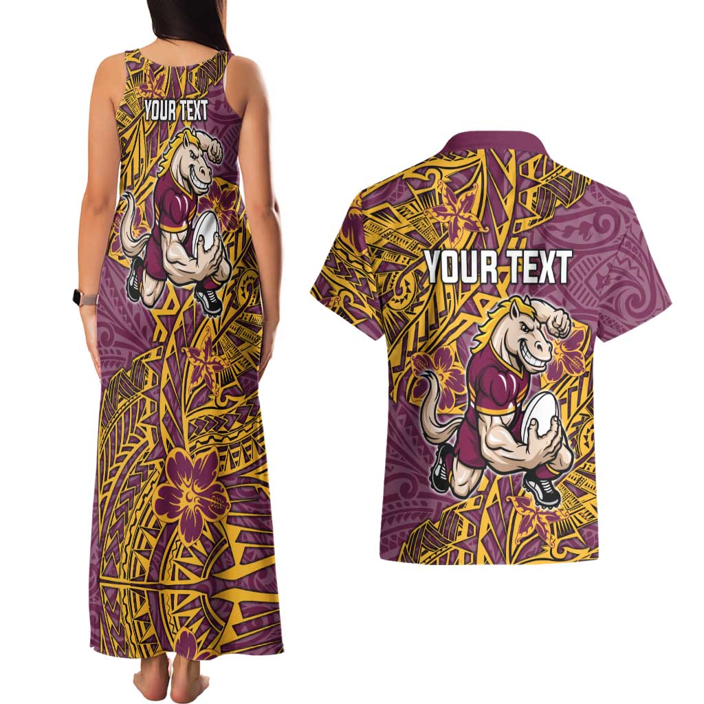 Personalised Brisbane Broncos Couples Matching Tank Maxi Dress and Hawaiian Shirt Polynesian Tribal Pattern With Rugby Horse Mascot Art