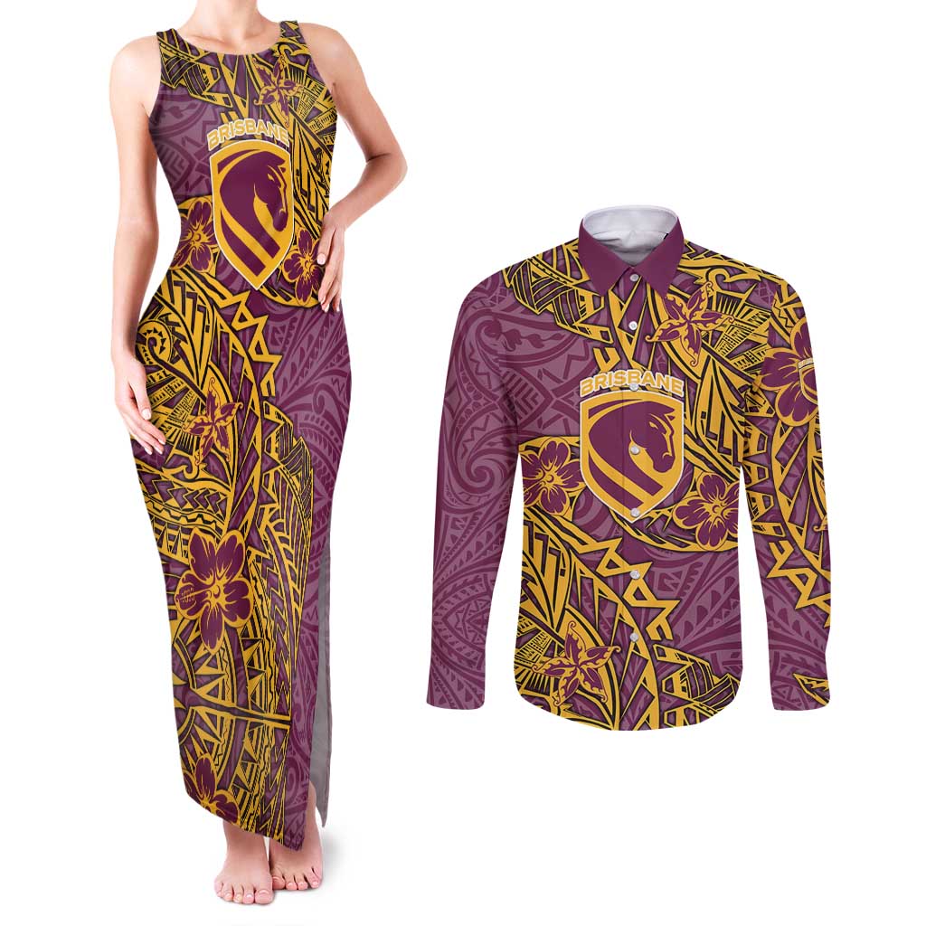Personalised Brisbane Broncos Couples Matching Tank Maxi Dress and Long Sleeve Button Shirt Polynesian Tribal Pattern With Rugby Horse Mascot Art