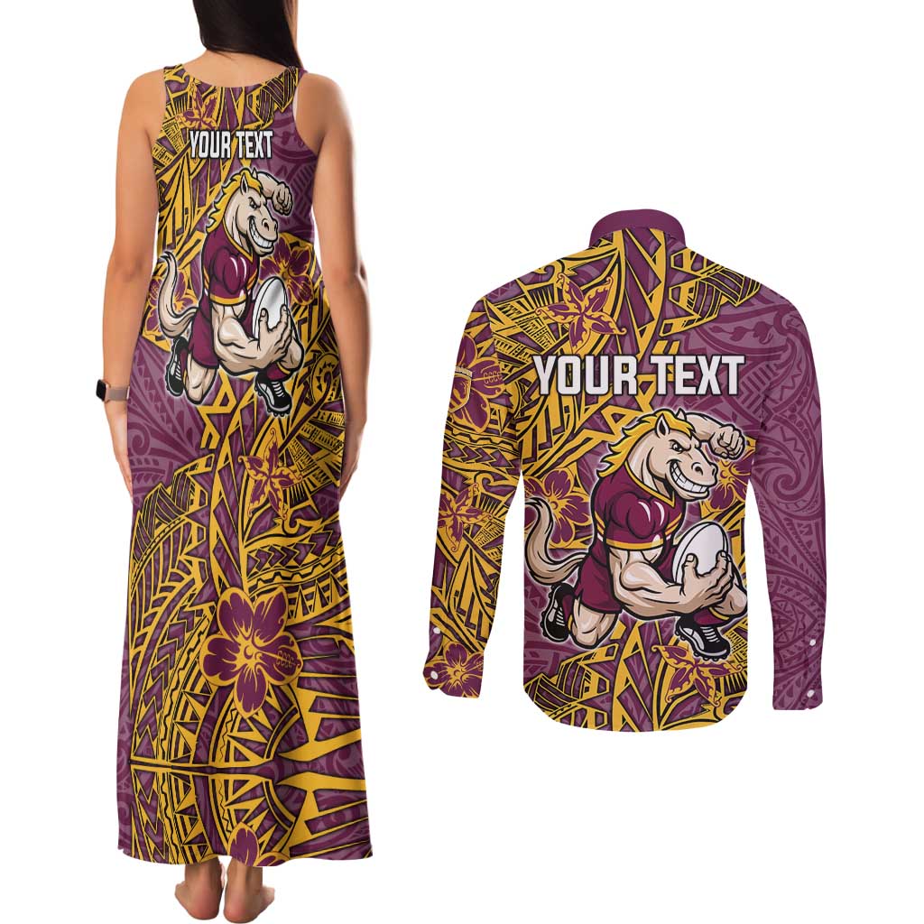 Personalised Brisbane Broncos Couples Matching Tank Maxi Dress and Long Sleeve Button Shirt Polynesian Tribal Pattern With Rugby Horse Mascot Art