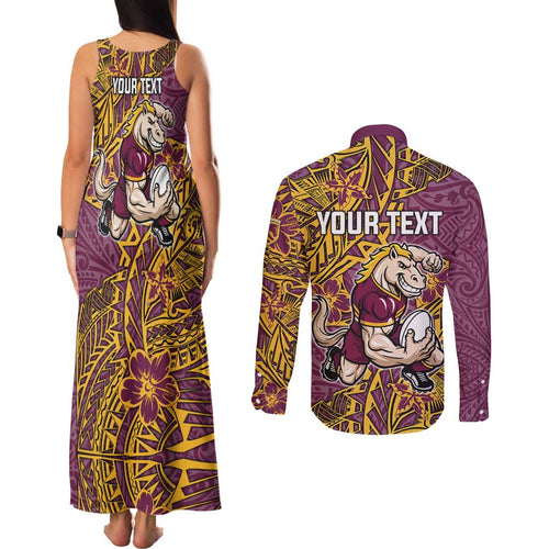 Personalised Brisbane Broncos Couples Matching Tank Maxi Dress and Long Sleeve Button Shirt Polynesian Tribal Pattern With Rugby Horse Mascot Art