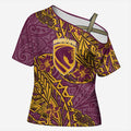 Personalised Brisbane Broncos Cross Shoulder Shirt Polynesian Tribal Pattern With Rugby Horse Mascot Art