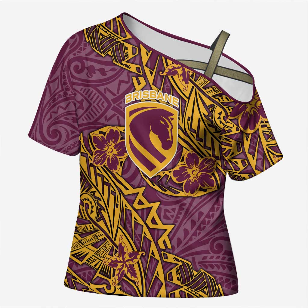 Personalised Brisbane Broncos Cross Shoulder Shirt Polynesian Tribal Pattern With Rugby Horse Mascot Art