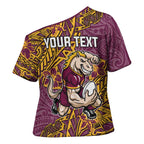 Personalised Brisbane Broncos Cross Shoulder Shirt Polynesian Tribal Pattern With Rugby Horse Mascot Art
