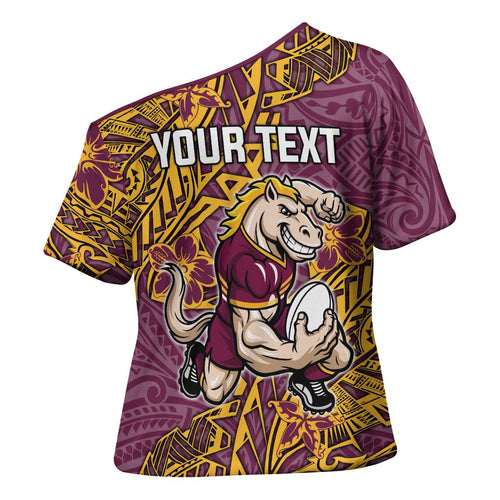 Personalised Brisbane Broncos Cross Shoulder Shirt Polynesian Tribal Pattern With Rugby Horse Mascot Art