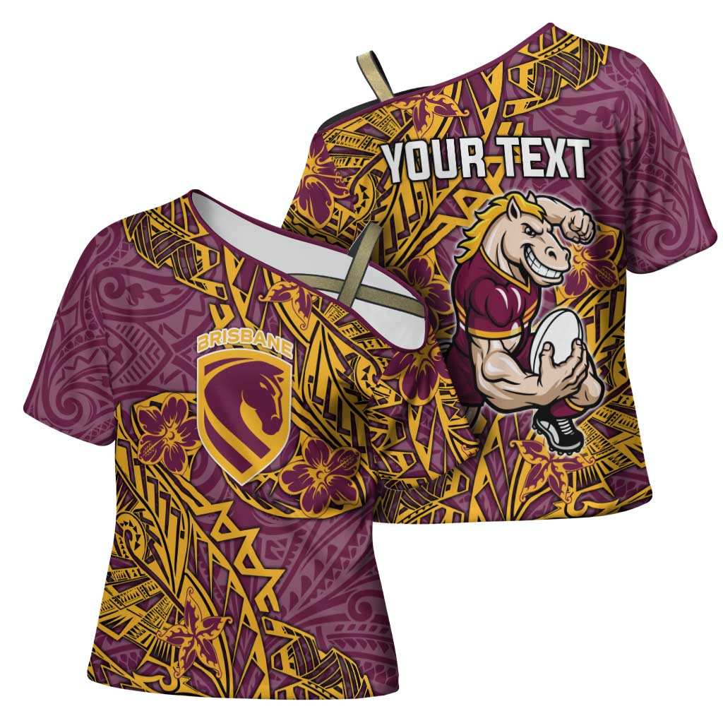 Personalised Brisbane Broncos Cross Shoulder Shirt Polynesian Tribal Pattern With Rugby Horse Mascot Art