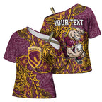 Personalised Brisbane Broncos Cross Shoulder Shirt Polynesian Tribal Pattern With Rugby Horse Mascot Art