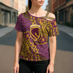 Personalised Brisbane Broncos Cross Shoulder Shirt Polynesian Tribal Pattern With Rugby Horse Mascot Art