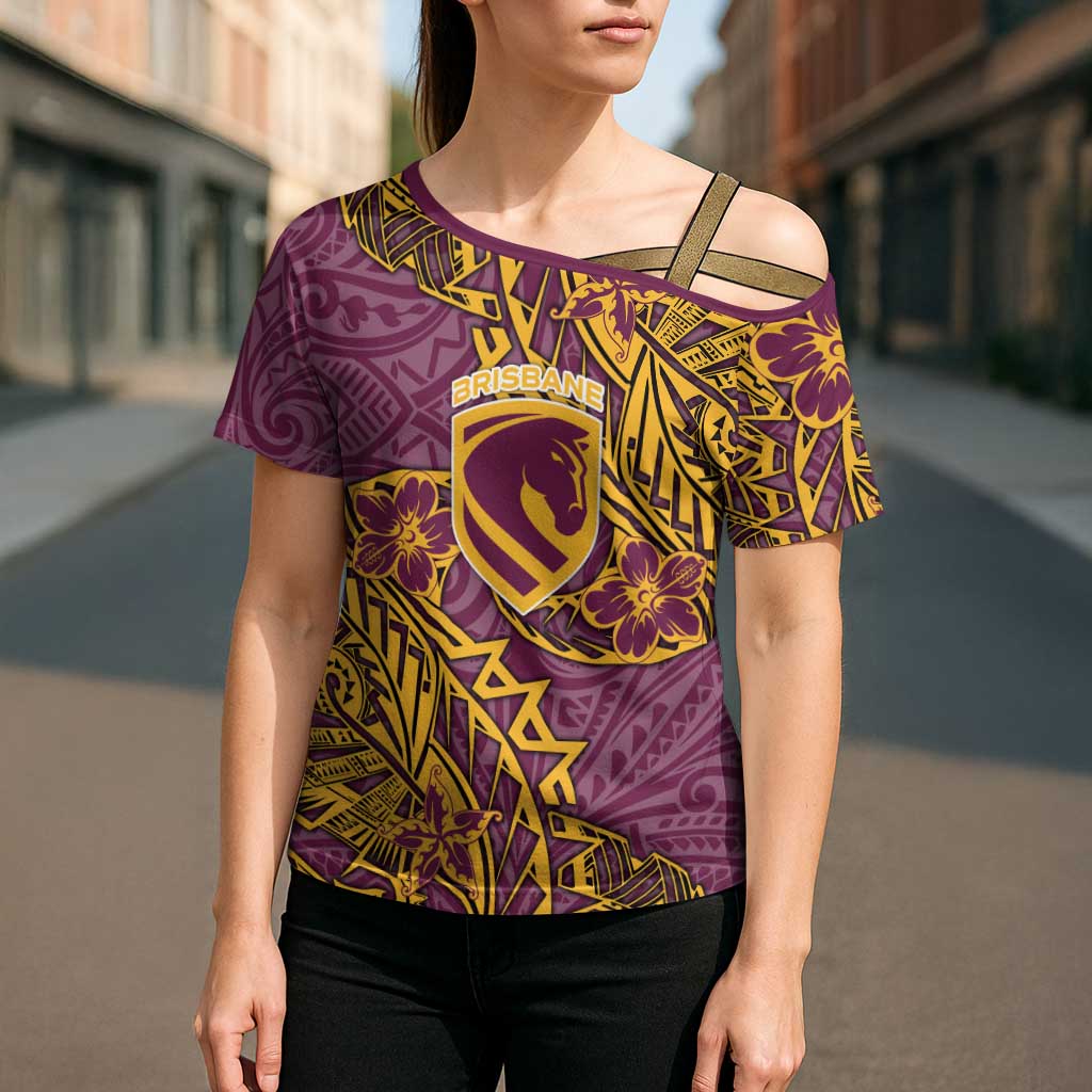 Personalised Brisbane Broncos Cross Shoulder Shirt Polynesian Tribal Pattern With Rugby Horse Mascot Art